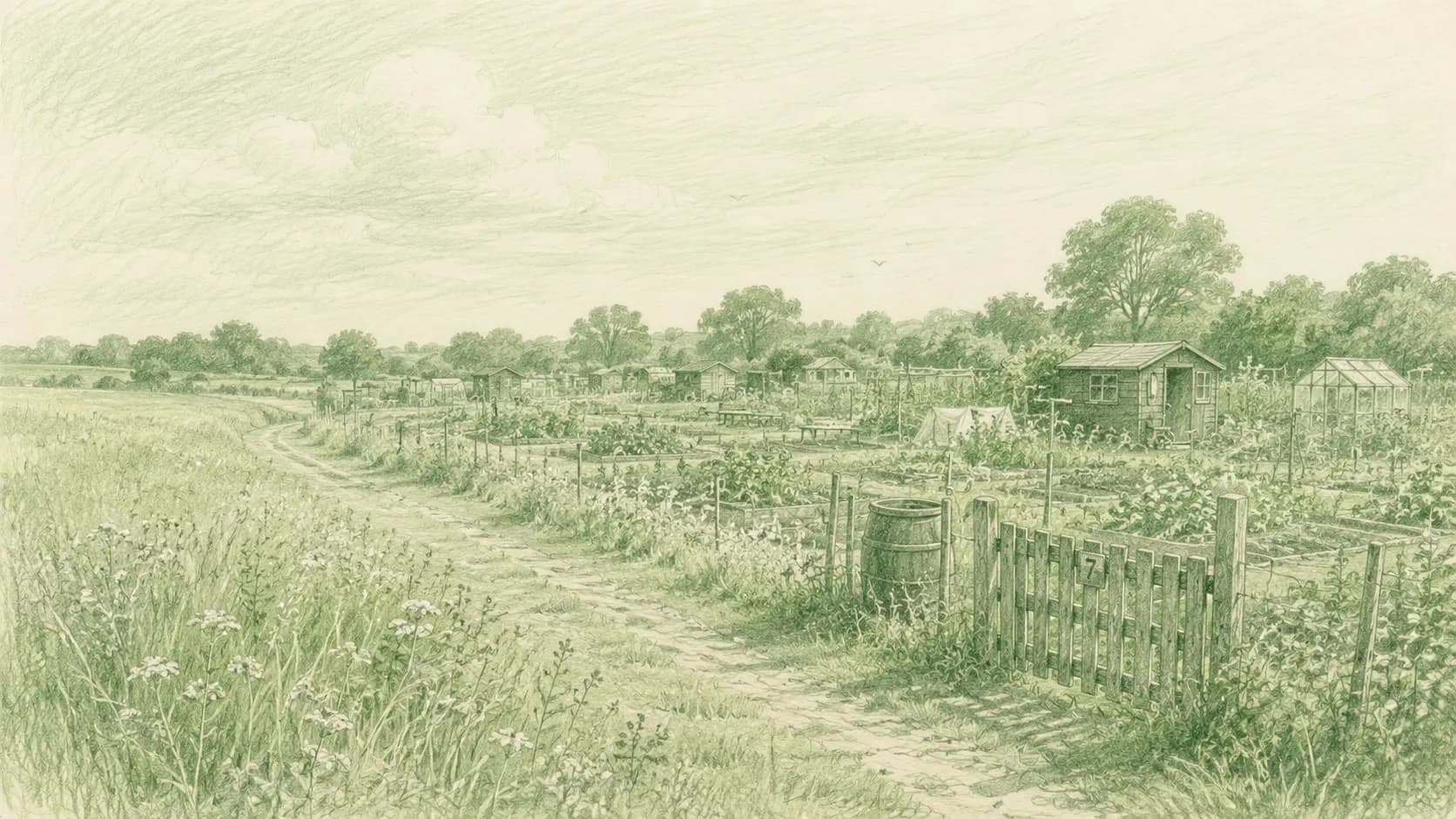 A pencil sketch of a field beside allotment plots